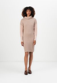 Knit dress in beige with a turtleneck and long sleeves. Features ribbed texture and color-blocked sleeves in a lighter hue.