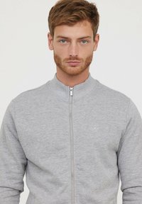 Sweat-shirt gris zippé en tissu doux, avec un col montant, un logo minimaliste sur la poitrine et une finition texturée.