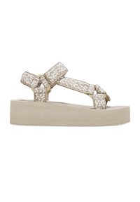 Sandalias de plataforma beige con correas tejidas texturizadas, que presentan un patrón geométrico y cierres ajustables. Plantilla suave y suela gruesa.