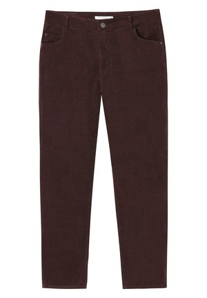 Pantaloni in velluto a coste marrone con vestibilità slim, dotati di chiusura frontale con bottone, due tasche laterali e sottili linee testurizzate.
