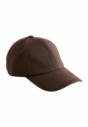 Brown six-panel baseball cap with a curved brim and button on top, made of textured fabric.