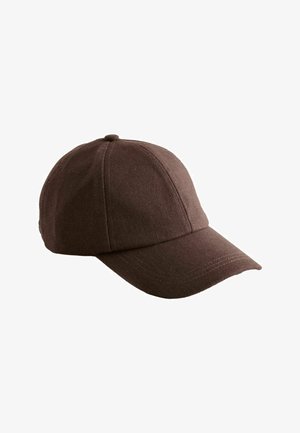 Casquette de baseball marron à six panneaux avec une visière courbée et un bouton sur le dessus, en tissu texturé.