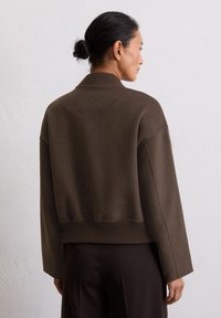 Pull court marron avec ourlet et poignet côtelés, doté d'un col classique et d'une texture douce, présenté de dos avec des manches amples.