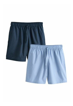 Zwei Herren-Shorts mit elastischem Bund und Kordelzug, eine in Marineblau und eine in Hellblau, jeweils mit dünnen vertikalen Streifen.