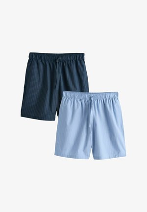 Zwei Herren-Shorts mit elastischem Bund und Kordelzug, eine in Marineblau und eine in Hellblau, jeweils mit dünnen vertikalen Streifen.