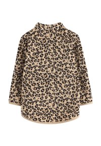 Beige fleece paita, jossa on korkea kaulus. Täytepinta on musta leopardi-kuvio. Pitkät hihat ja pyöristetty helma. Pehmeä tekstuuri.