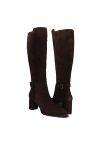 Brown suede knee-high boots with a block heel and side buckle detail, featuring a smooth texture and fitted design.