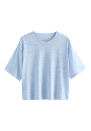 Lyseblå kortærmet kort T-shirt med subtil vandret struktur og rund halsudskæring, vist mod en hvid baggrund.