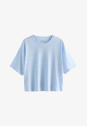 T-shirt court à manches courtes bleu clair avec une texture horizontale subtile et un col rond, présenté sur fond blanc.