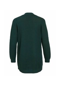 Temnozeleni pleteni pulover z teksturiranim vzorcem, dolgi rokavi in rebrastimi zapestji ter robom, z ohlapnim krojem in preprostim ovratnikom.