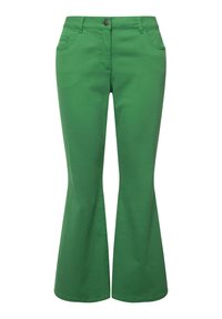 Pantalones acampanados verdes hechos de una mezcla de algodón. Cuentan con cierre de botón, presillas para cinturón y dos bolsillos delanteros. Textura suave, color vibrante.