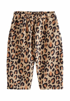 Leopardenmuster-Shorts in Beige und Schwarz, aus weichem Stoff gefertigt, mit einem elastischen Bund und seitlichen Taschen.