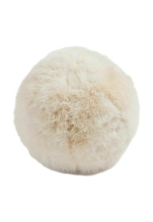 Round, soft, fluffy cream-colored fur pom pom shown from top view on white background.