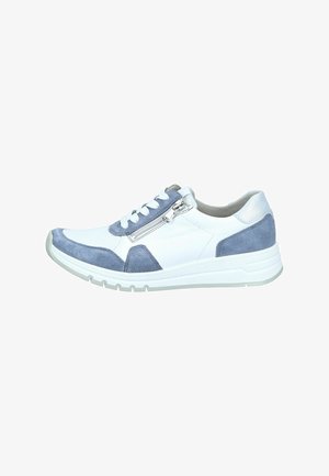 White and blue casual sneaker with lace-up front, side zipper, and rubber sole, designed for comfort and everyday wear.