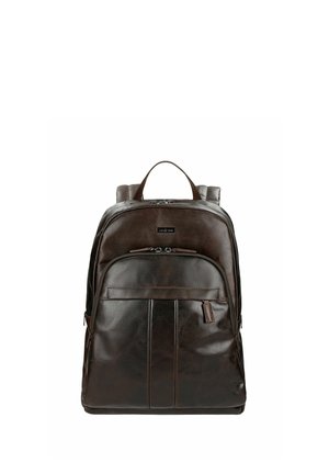 Dunkelbrauner Leder-Rucksack mit zwei Reißverschlussfächern, einem oberen Griff und verstellbaren Schulterriemen.