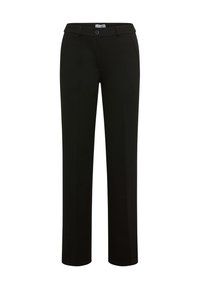 Pantalon noir à coupe droite, doté d'une fermeture à bouton, de passants de ceinture et de poches latérales. Tissu lisse et coupe ajustée.