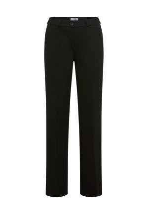 Black trousers with a straight leg design, featuring a button closure, belt loops, and side pockets. Smooth fabric and tailored fit.