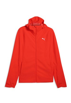 Hellroter Kapuzenjacke mit durchgehendem Reißverschluss, langen Ärmeln und kleinem weißem Puma-Logo auf der linken Brust.