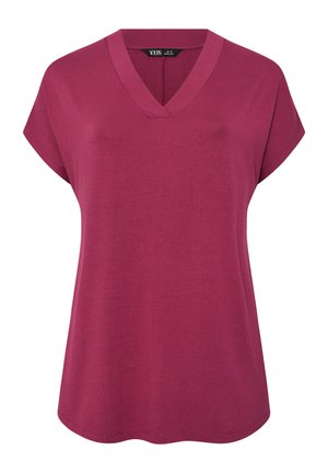 Kortærmet damebluse i mørk pink med V-hals og afslappet pasform, lavet af blødt strikstof.