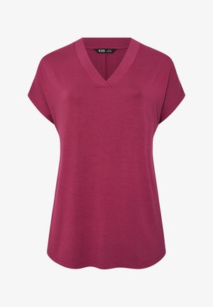 Short-sleeve women's top in dark pink with a V-neck and relaxed fit, made of soft knit fabric.