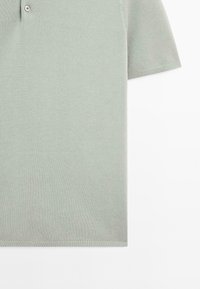 Lysegrøn polo skjorte med et struktureret stof, der har en krave og to knapper ved halsen. Korte ærmer og en ren kant.