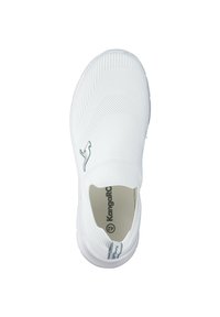 White slip-on sneaker featuring a textured knit upper, round toe, and a green logo accent. Thick cushioned sole for comfort and support.