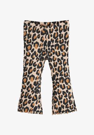 Leggings a zampa d'elefante con stampa leopardata in beige, con motivi neri e marroni. Realizzati in tessuto a coste testurizzato, con orlo frastagliato.