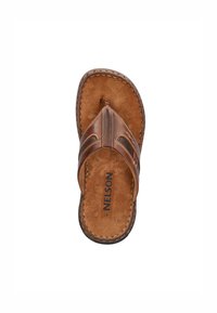 Brown leather thong sandal with textured upper, stitched detailing, and a cushioned suede footbed. Brand name "NELSON" visible on footbed.