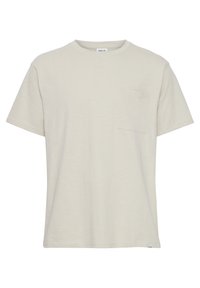 Lys beige kortærmet t-shirt lavet af tekstureret stof, med rund hals og en lomme på venstre bryst. Simpelt, klassisk design.