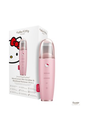 Gommage pour la peau à microcourant rose de marque Hello Kitty avec un capuchon transparent à côté de sa boîte blanche avec le visage de Hello Kitty et les détails du produit.