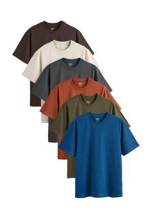 Collection of six short-sleeve T-shirts in brown, cream, gray, rust, olive, and blue. Cotton material with crew neck design.