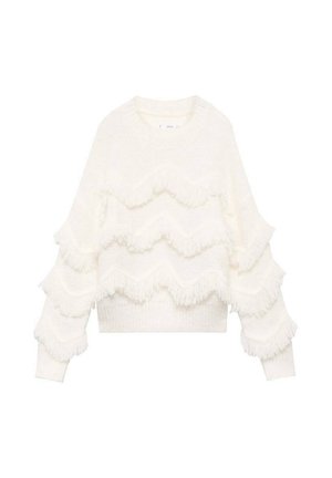 Pull blanc avec trois couches de franges en forme de vague, col rond, manches longues et ourlet côtelé. Matériau en tricot texturé.