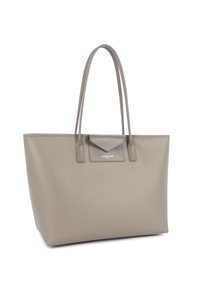 Taupe leren tote bag met dubbele schouderriemen en een voorkant in envelop-stijl, bedrukt met "Lancaster Paris."