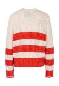 Gestrickter Pullover mit einem rot-weiß gestreiften Muster, geripptem Saum und Bündchen sowie einem runden Halsausschnitt. Texturierter Stoff mit lockerer Passform.
