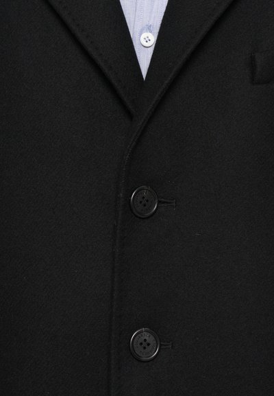 Black wool coat with notched lapels, two black buttons, and a single chest pocket. Light blue shirt with a button is visible underneath.