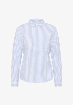 Modra in bela prugasta dolgo rokava srajca z gumbnim zapenjanjem, ovratnikom in gladkim materialom. Ima ozke navpične črte in manšete.