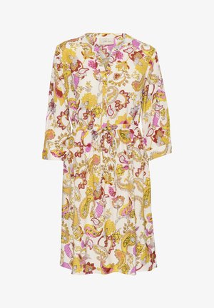 Langärmliges Kleid aus leichtem Stoff mit floralem Paisleymuster in Rosa, Gelb und Weiß. Verfügt über eine Knopfleiste und einen Kordelzug in der Taille.