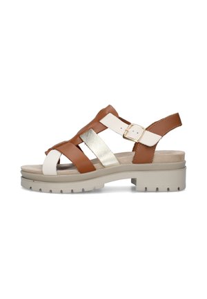 Sandalo con suola spessa con cinturini in pelle marrone, bianco e oro metallizzato, fibbia regolabile e sottopiede imbottito.
