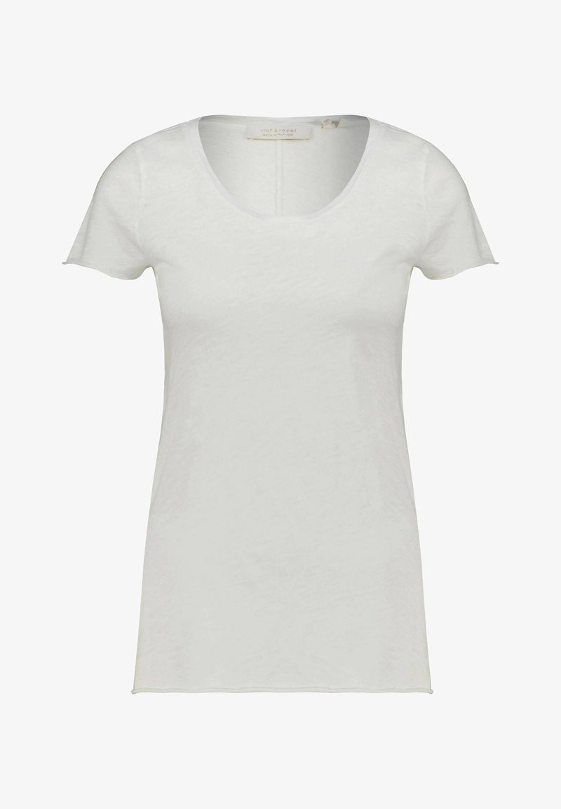 Tricou alb cu mânecă scurtă, fabricat din bumbac moale. Dispune de un decolteu rotund și o croială lejeră. Detalii minimale de cusătură pe margini.