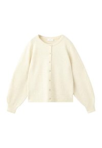 Krémový cardigan z měkké pletené látky. Má kulatý výstřih, dlouhé rukávy a zapínání na knoflíky vpředu se stejnobarvnými knoflíky.