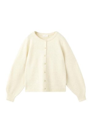 Cardigan couleur crème en tissu tricoté doux. Il présente un col rond, des manches longues et une fermeture boutonnée avec des boutons assortis.
