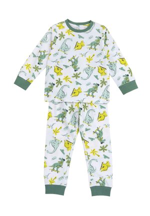 Ensemble de pyjama vert et blanc présentant des motifs ludiques de dinosaures et de fleurs. Fabriqué en matériau doux avec des poignets et une taille côtelés.