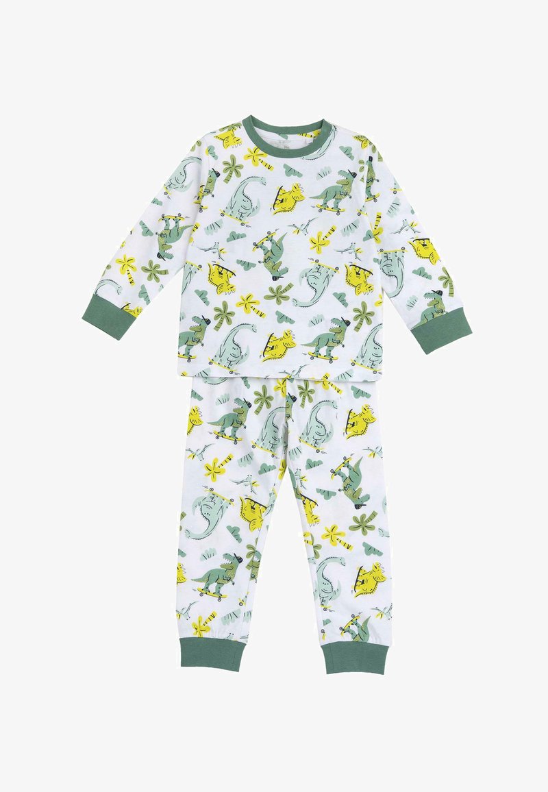 Ensemble de pyjama vert et blanc présentant des motifs ludiques de dinosaures et de fleurs. Fabriqué en matériau doux avec des poignets et une taille côtelés.