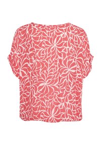 Camiseta corta de manga corta con estampado floral rojo, que presenta un corte holgado y una tela suave con un escote redondeado y diseños abstractos de hojas blancas.