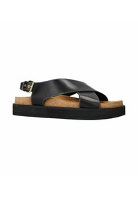 Sandale en cuir noir avec des sangles croisées, semelle en liège et semelle épaisse noire ; dotée d'une boucle en or pour ajustement.