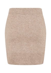 Pletená béžová mini sukně s žebrovaným pasem a lemem. Měkká textura s jemným melírováním, navržena pro přiléhavý střih.