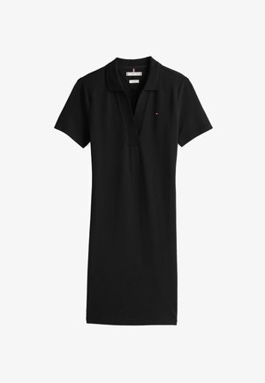 Abito polo nero in cotone, con colletto e maniche corte. Accenti di piccolo logo notevoli sul petto.