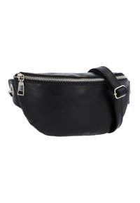 Black leather fanny pack with a curved design, silver hardware, top zipper closure, adjustable strap, and smooth texture.