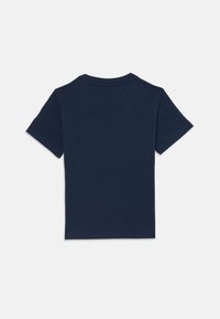 Navy blue cotton t-shirt with a round neckline and short sleeves, featuring a straightforward, solid color design and a smooth texture.