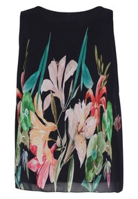 Blommig linne med svart bakgrund och flerfärgade blommönster, inklusive liljor och grönska, i ett lätt tyg.